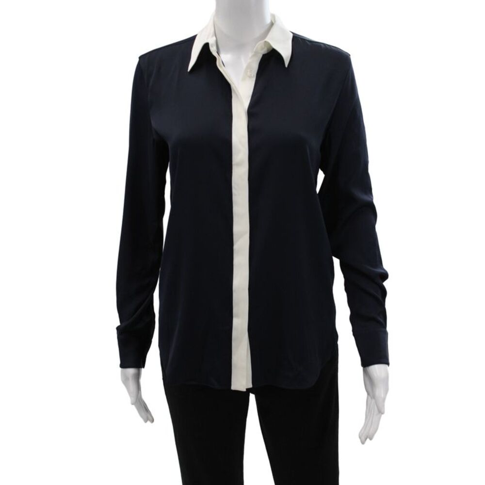 Lily Silk Women Button Down Blue Crew Neck Long Sleeve Blouse Size S